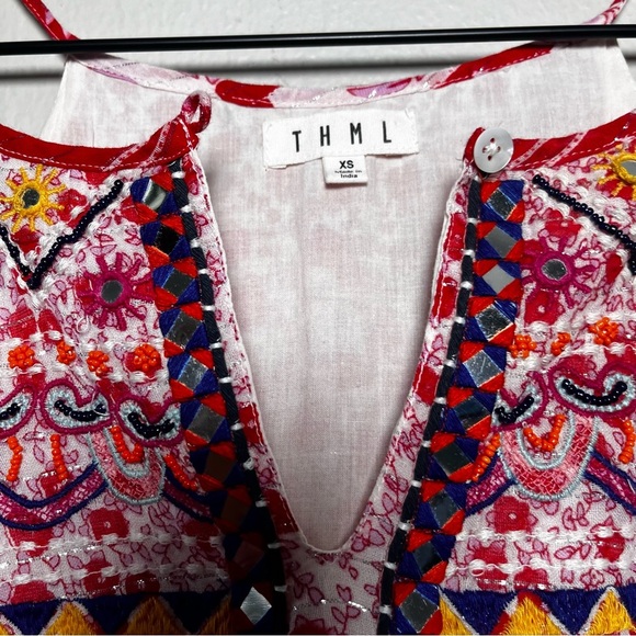 THML Women Mini Dress XS Red Embroidered‎ Boho Keyhole Summer Halter Artsy - Picture 5 of 11